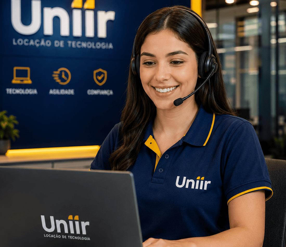 Atendente da Uniir prestando suporte corporativo mostrando como alugar celular empresarial