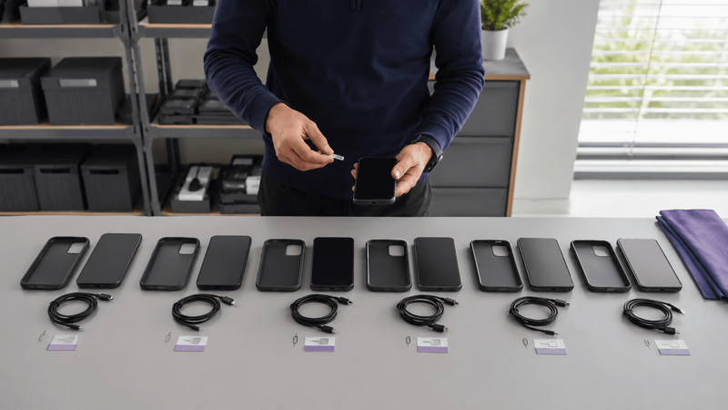 Suporte avaliando um celular corporativo com problema