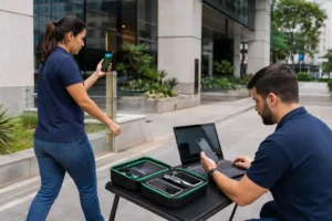 Profissionais de QA validam localização e conectividade de um aplicativo em celulares físicos.
