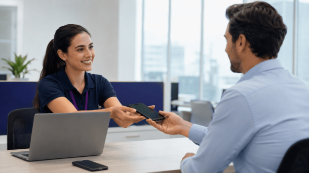 Suporte avaliando um celular corporativo com problema